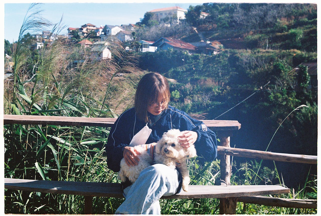 A woman sits on a bench petting her dog amidst a lush landscape, enjoying a sunny day.